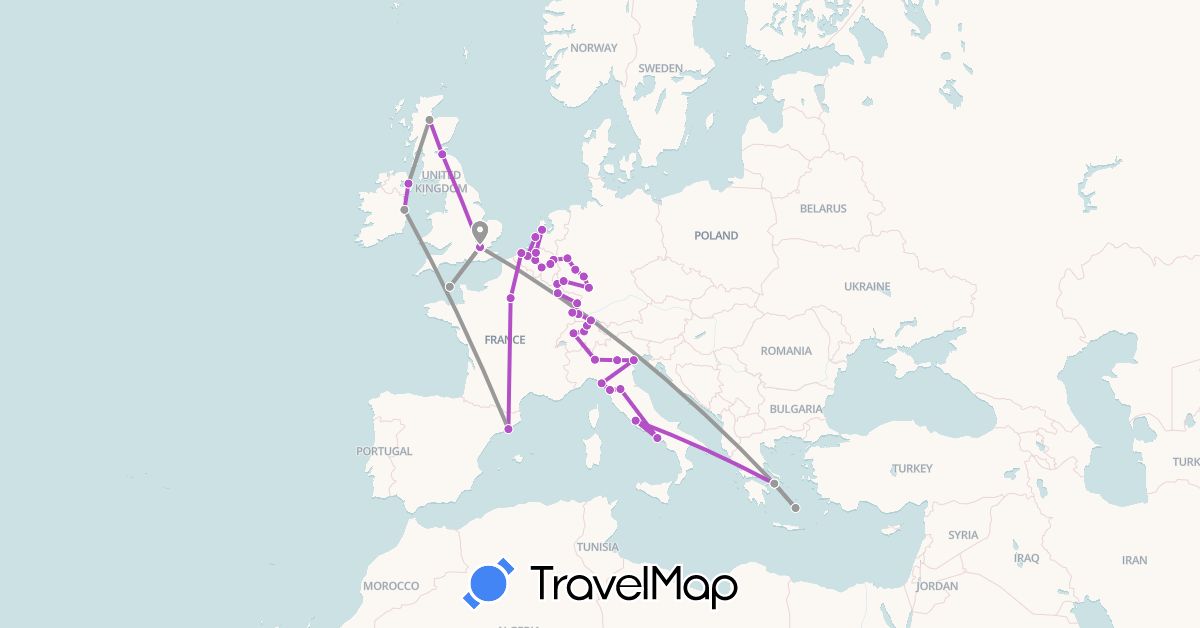 TravelMap itinerary: driving, plane, train in Belgium, Switzerland, Germany, Spain, France, United Kingdom, Guernsey, Greece, Ireland, Italy, Luxembourg, Netherlands (Europe)