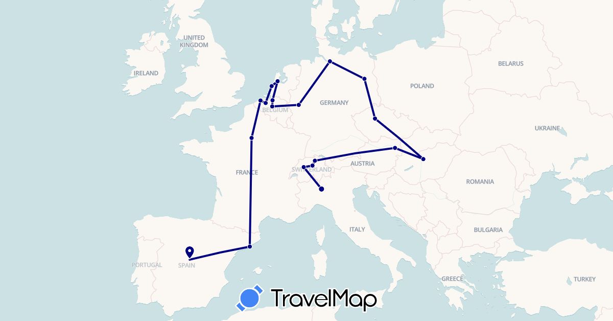 TravelMap itinerary: driving in Austria, Belgium, Switzerland, Czech Republic, Germany, Spain, France, Hungary, Italy, Netherlands (Europe)